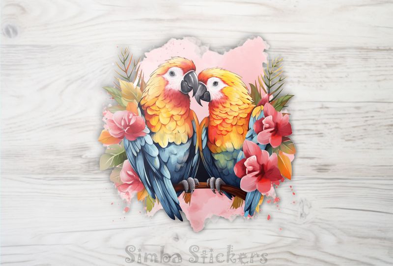 Parrots in love among flowers in pinkish background, watercolour, nvcywh