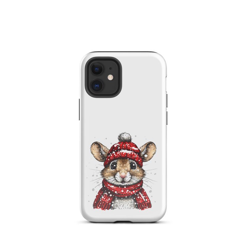 Tough Case for iPhone, Mouse wearing red winter hat and scarf in the snow, xg8dl3