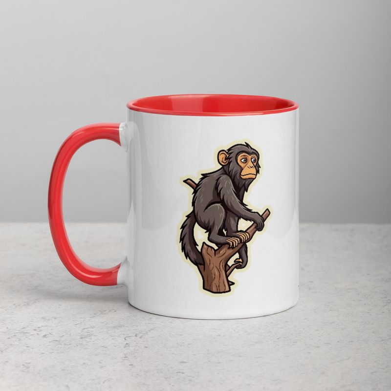 White Ceramic Mug with Color Inside, 11oz &amp; 15oz, Baboon on a tree, looking sad, head-to-head