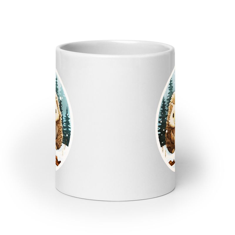 White Glossy Mug, 20oz, Cute Porcupines in the snow, circled 