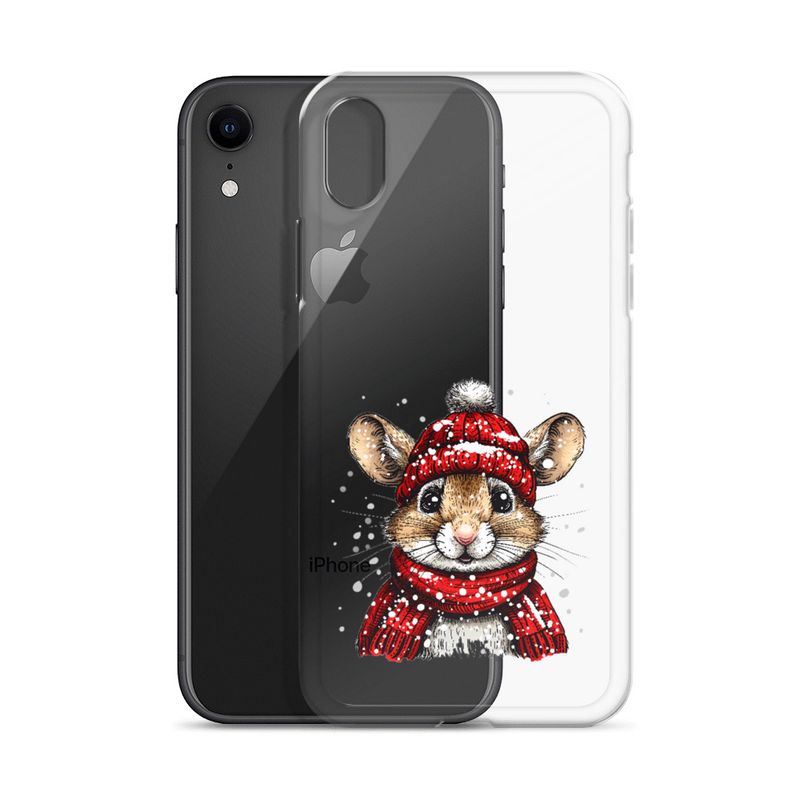 Clear Case for iPhone, Mouse wearing red winter hat and scarf in the snow, xg8dl3