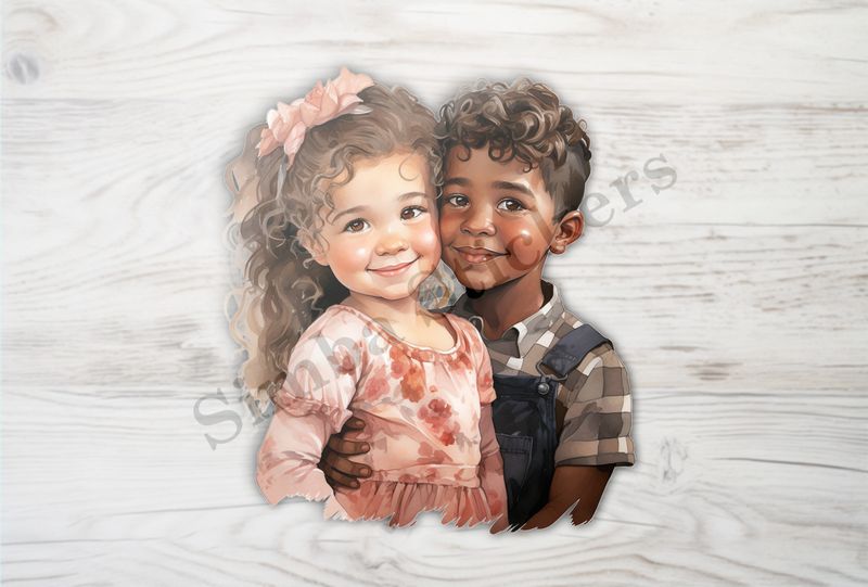 Girl and boy, cheek-to-cheek, hand on hips