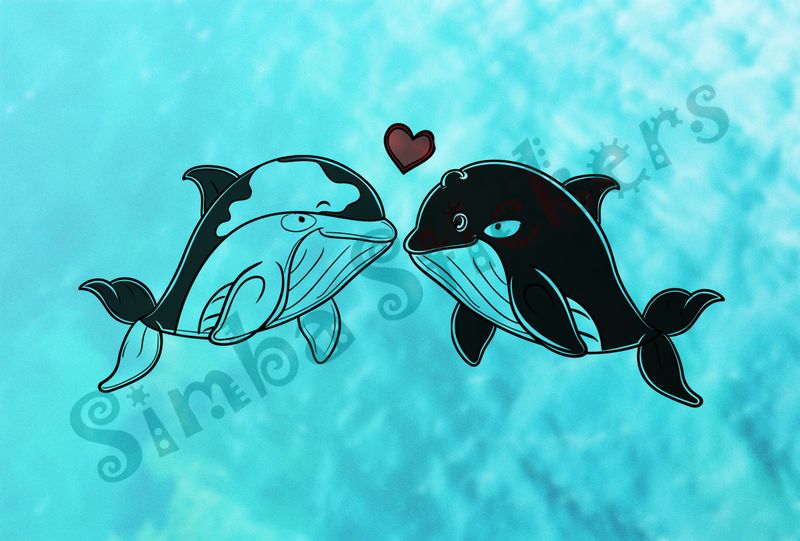 Whales nose-to-nose in love, red Valentine&#x27;s heart above, outline art