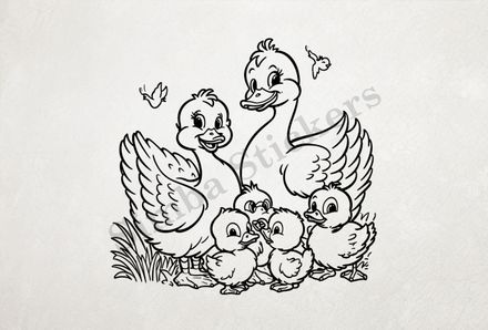Duck family, parents in love, outline art
