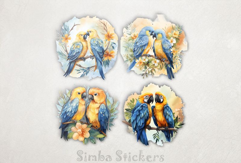 Parrots in love, with blue feathers, perching nose-to-nose, watercolour, 4-in-1, 6su8sm