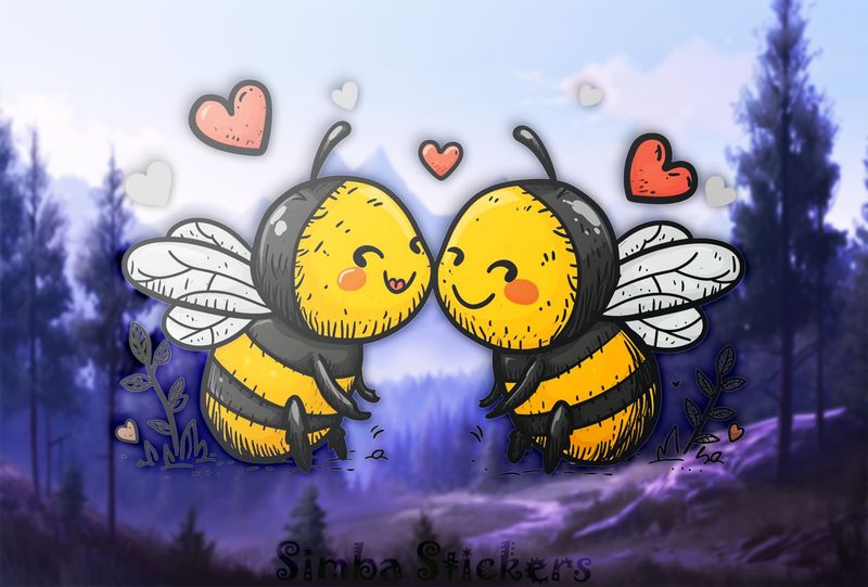 Bees in love cheek-to-cheek, with romantic hearts, watercolour
