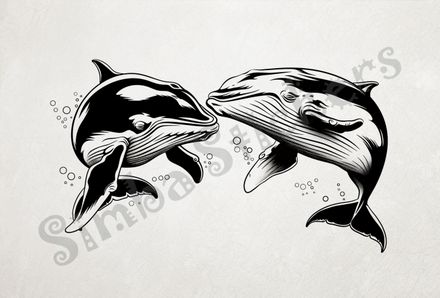 Whales nose-to-nose in love, with bubbles under water, outline art