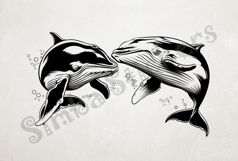 Whales nose-to-nose in love, with bubbles under water, outline art