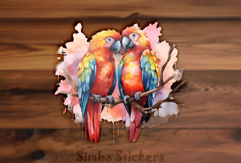 Parrots in love perching nose-to-nose in pinkish background, watercolour, cpi3i9