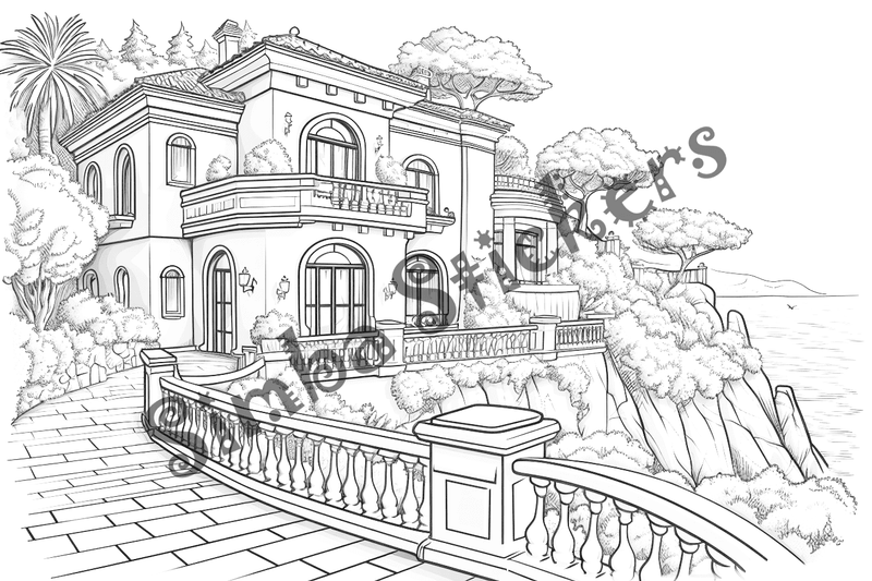 Colouring pages, bundle of houses overlooking the sea, 10 images