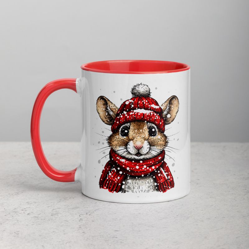 White Ceramic Mug with Color Inside, 11&amp;15oz, Mouse wearing red winter hat and scarf in snow, xg8dl3