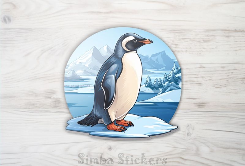Penguin standing in front of Arctic background, lmewdx