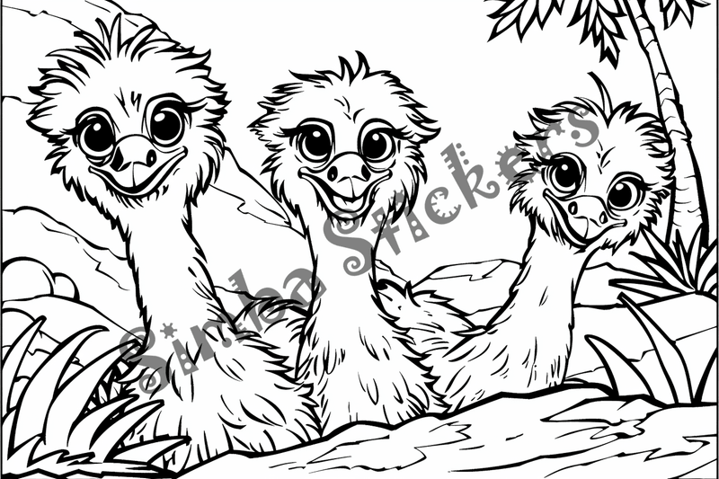 Colouring pages, bundle of ostriches, 50 images