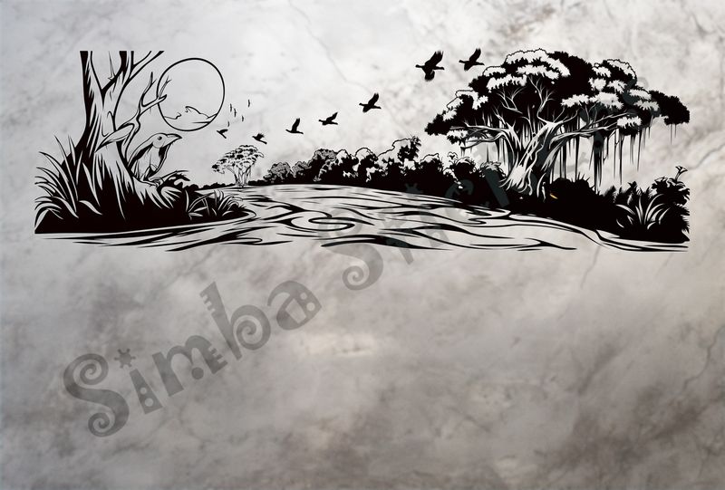 Equatorial Rainforest landscape, bird watching birds flying, outline art