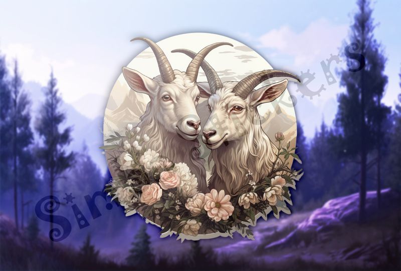 White goats nose-to-nose in love, over wreath of flowers