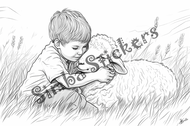 Colouring pages, bundle of sheep snugglig with child, 10 images
