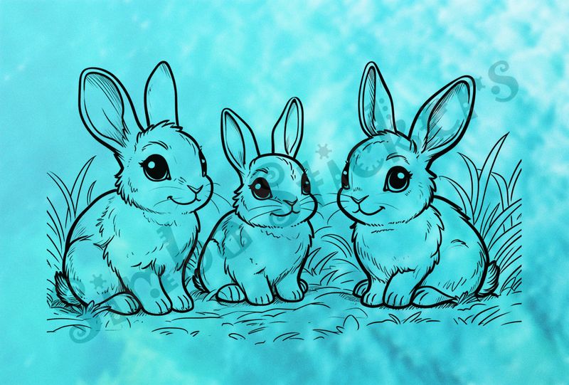Group of 3 hares in the field, outline art