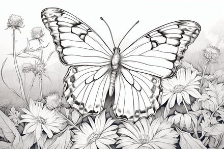 Colouring pages, bundle of butterflies over flowers, complex, 10 images