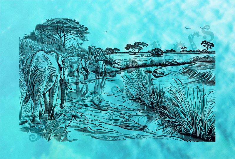 African Savanna landscape, with elephant train, outline art