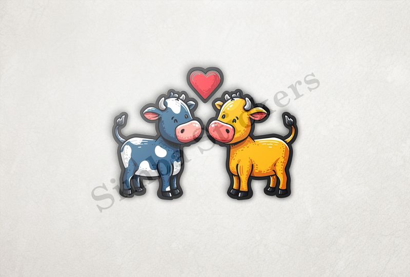 Cattle, bull and cow in love, colourful , heart in picture 