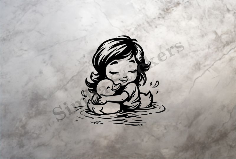 Small girl hugging duckling in a pond, outline art