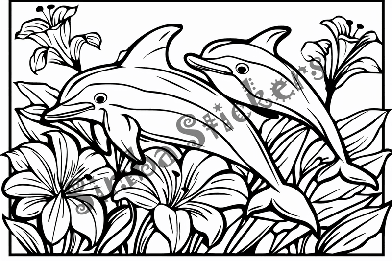 Colouring pages, bundle of dolphins  in flowers, 10 images