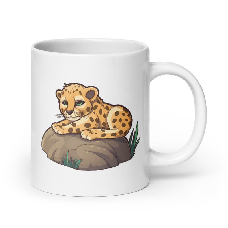 White Glossy Mug, 20oz, Baby cheetah on a rock, head-to-head