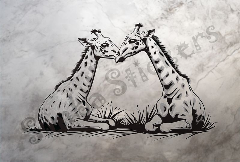 Giraffes nose-to-nose sitting in the Savanna, outline art