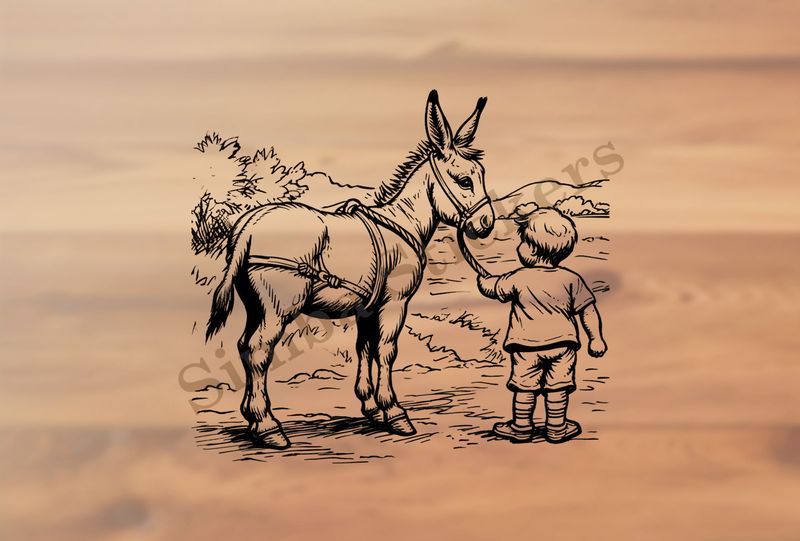 Donkey led on a rope by a small boy out in the open, outline art
