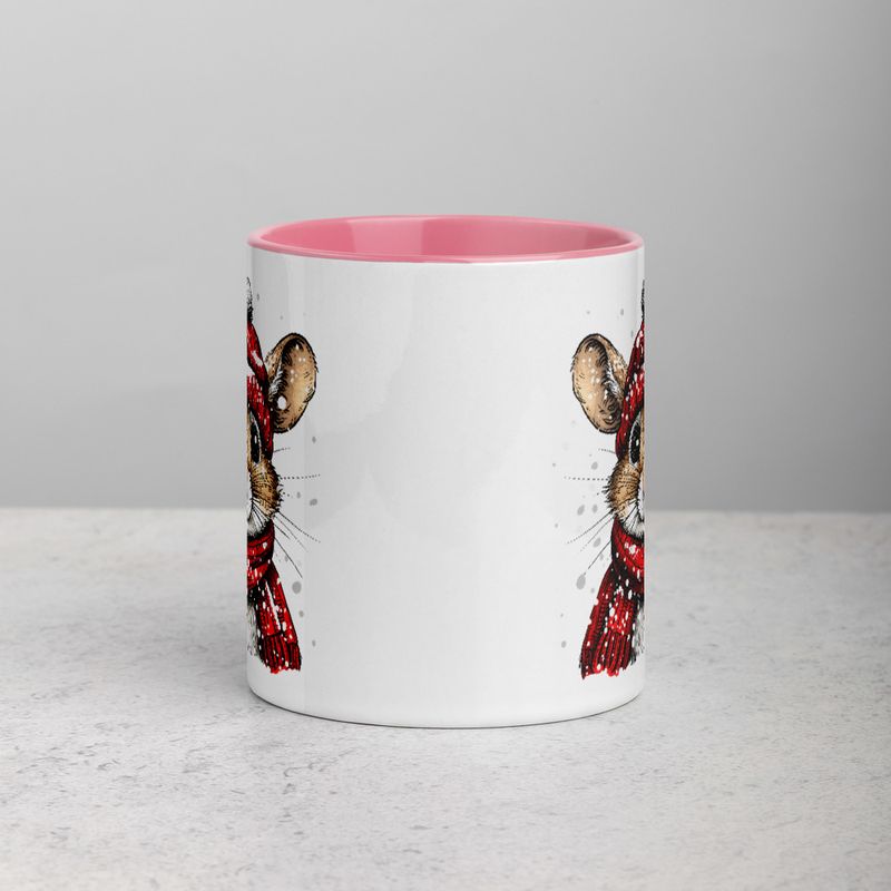 White Ceramic Mug with Color Inside, 11&amp;15oz, Mouse wearing red winter hat and scarf in snow, xg8dl3