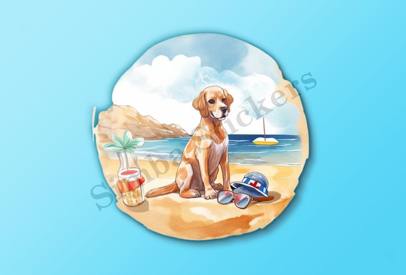 Dog at the beach, next to hat, watercolour