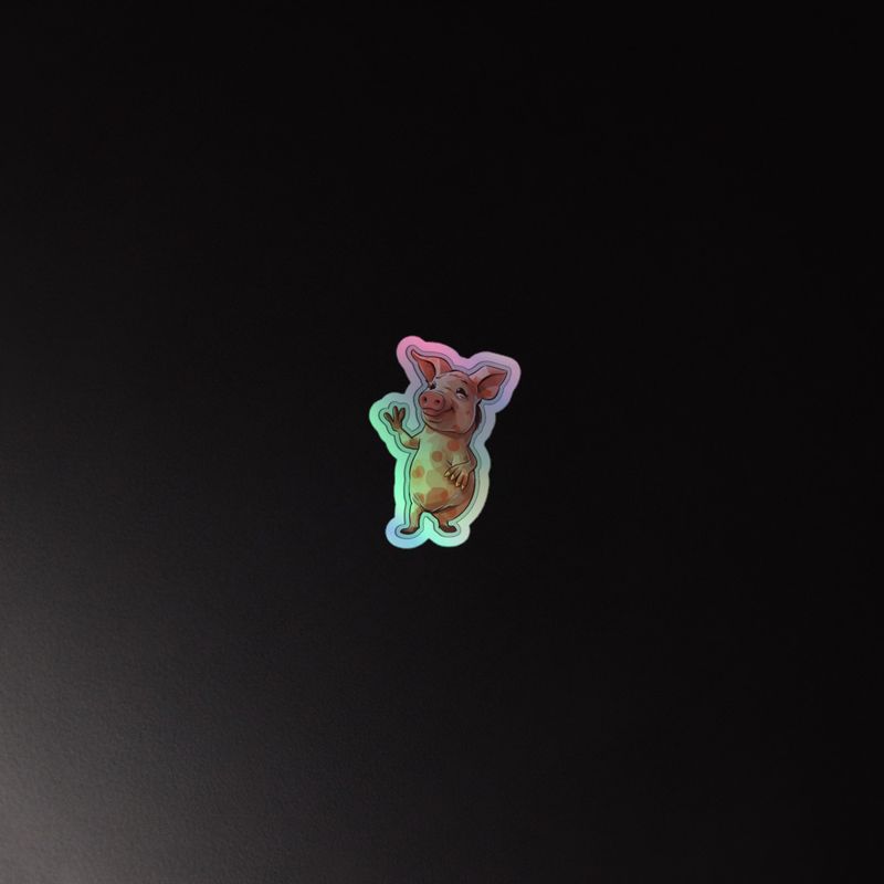 Kiss-Cut Holographic Stickers,  Standing pig waving, multiple sizes, mirrored