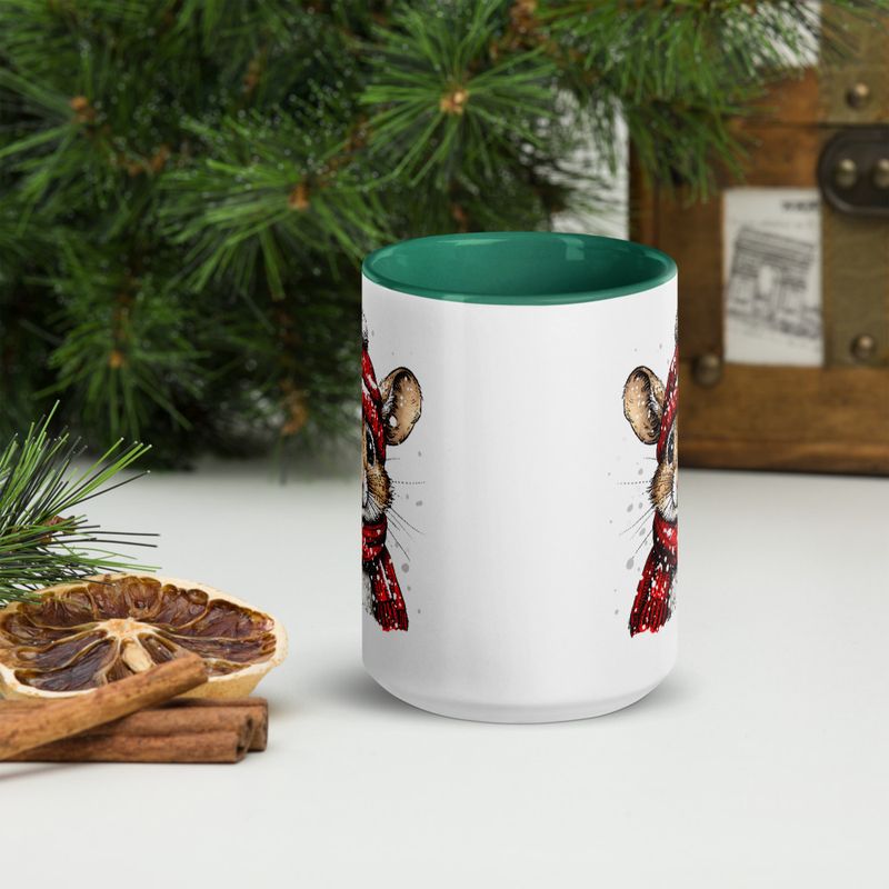White Ceramic Mug with Color Inside, 11&amp;15oz, Mouse wearing red winter hat and scarf in snow, xg8dl3