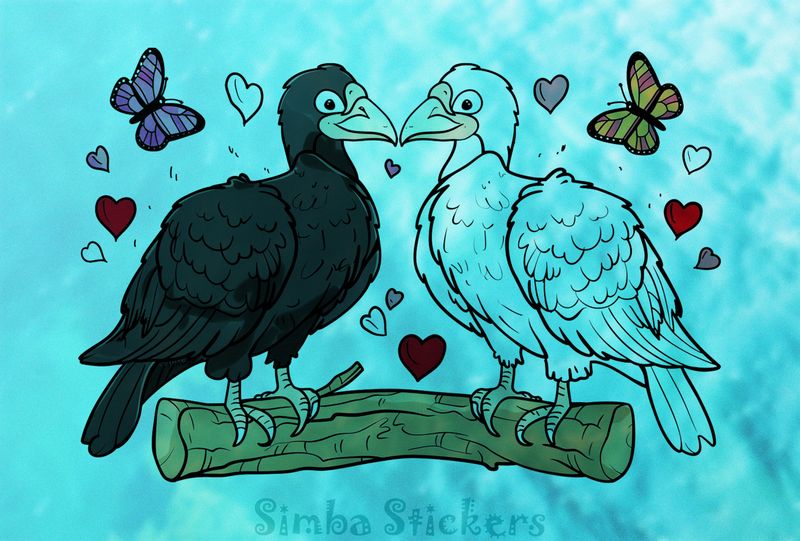 Vultures in love perching on thick branch, outline art, gnib2t