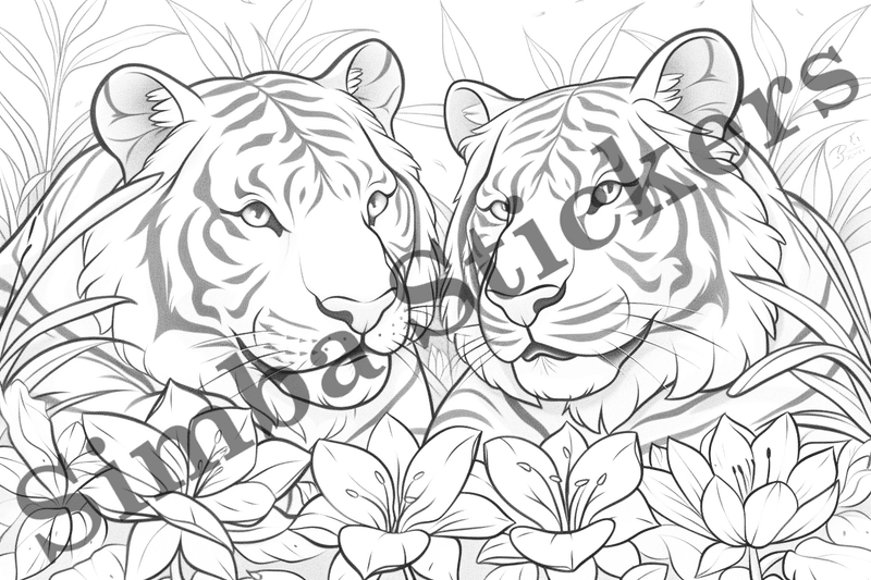 Colouring pages, bundle of tigers in love, 10 images