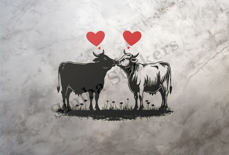 Bull and cow in love, standing, hearts in picture, outline art