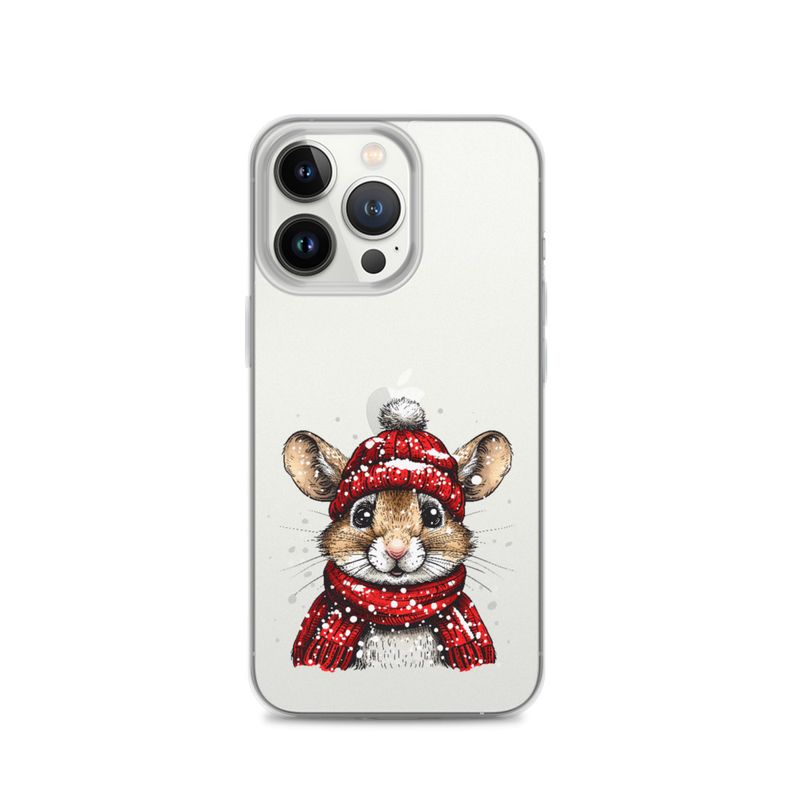Clear Case for iPhone, Mouse wearing red winter hat and scarf in the snow, xg8dl3