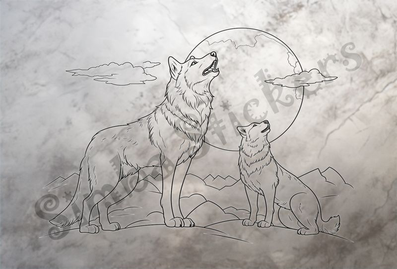 Wolves howling at the moon, mountaintops in the backgroung, outline art