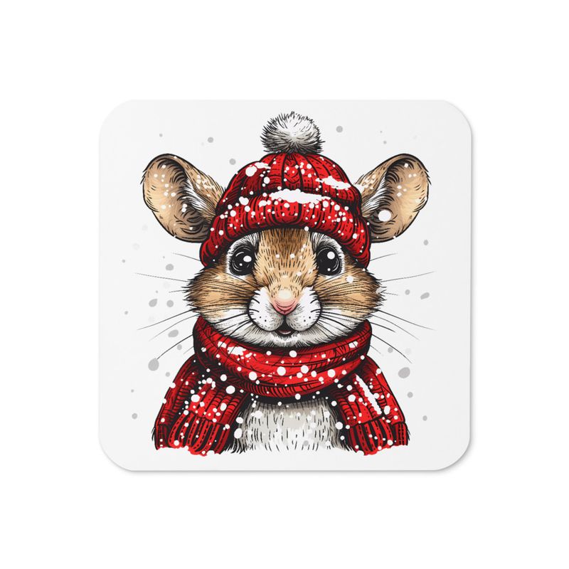 Cork-Back Coaster, Mouse wearing red winter hat and scarf in the snow, xg8dl3
