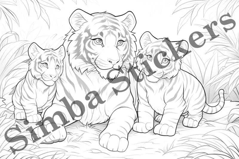 Colouring pages, bundle of tigers, family-oriented, 10 images