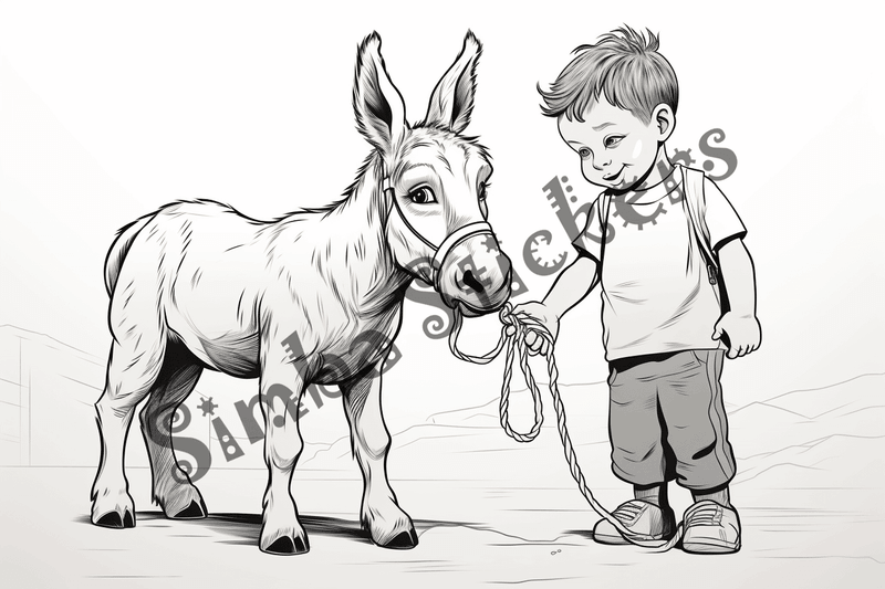 Colouring pages, bundle of donkeys carrying goods or people 10 images
