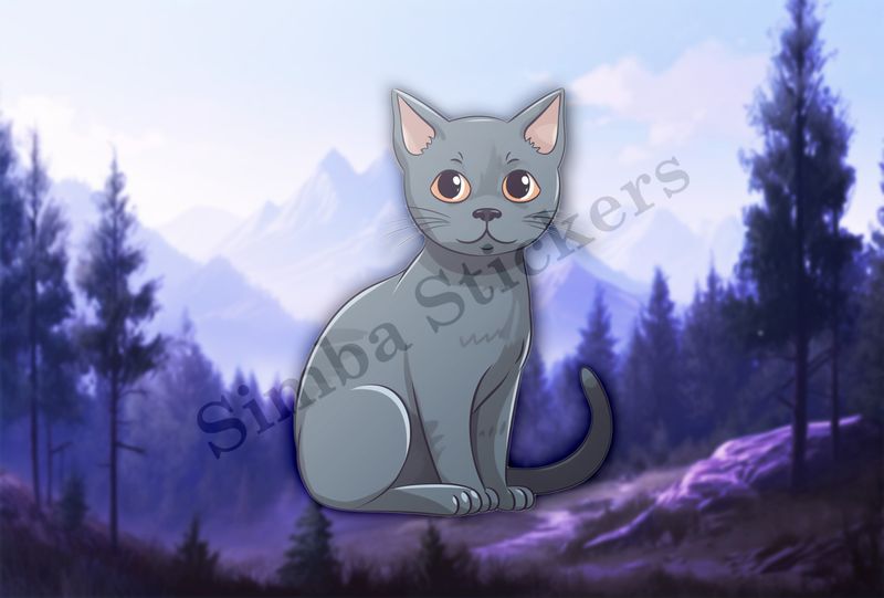 Russian blue cat sitting, tail wagging
