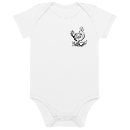 Organic Cotton Baby Bodysuit, 3-18 months, Hen brooding over its eggs, outline art 