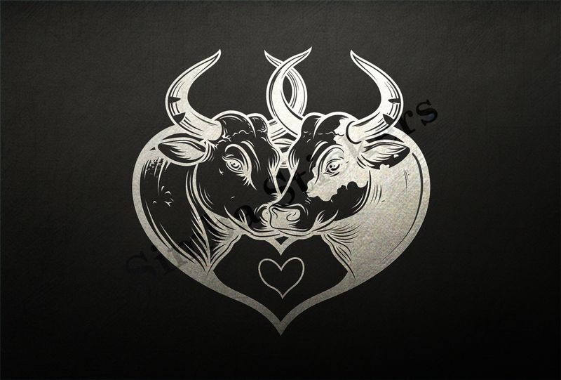 Cattle,  cheek-to-cheek, in heart frame, outline art