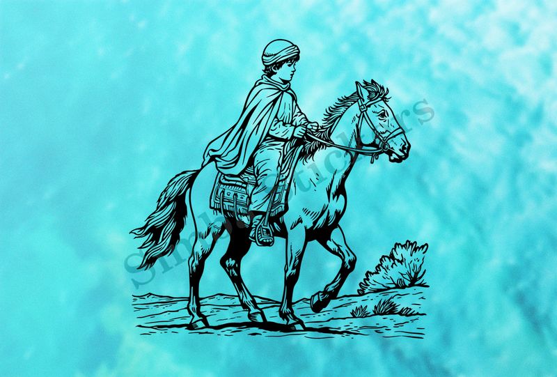 Horse being petted by a Mediterranean boy, outline art