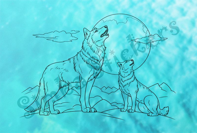Wolves howling at the moon, mountaintops in the backgroung, outline art