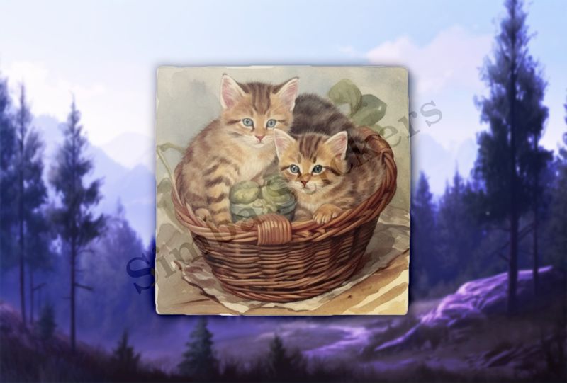 Kittens in a basket, vintage watercolour