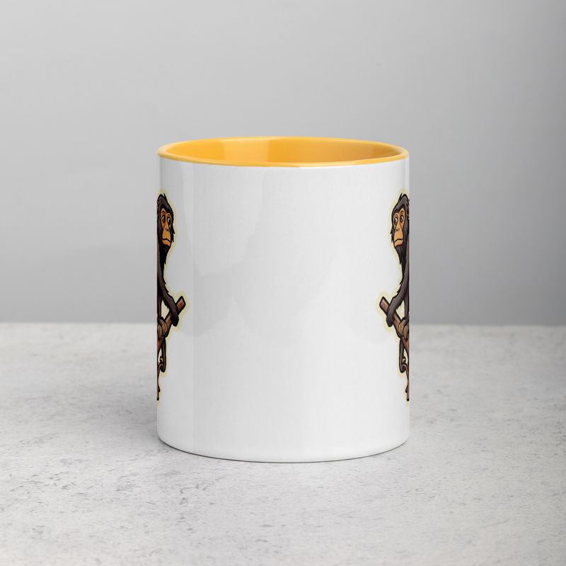 White Ceramic Mug with Color Inside, 11oz &amp; 15oz, Baboon on a tree, looking sad, head-to-head