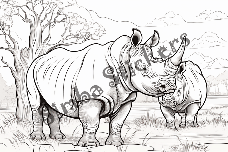 Colouring pages, bundle of rhinos, 25 images