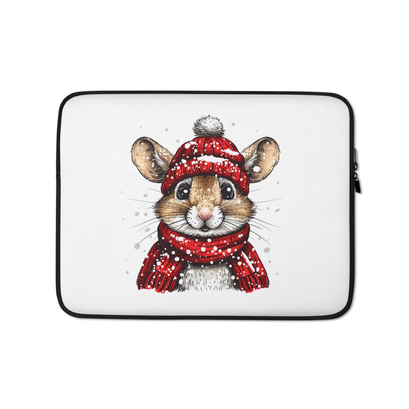Laptop Sleeve, Mouse wearing red winter hat and scarf in the snow, xg8dl3